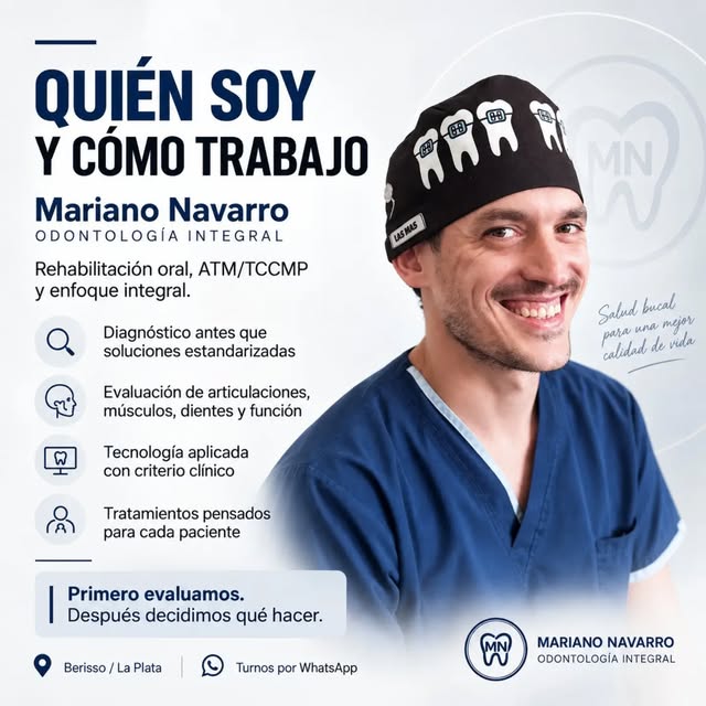 Mariano Navarro con su indumentaria odontológica, en una fotografía de su Instagram profesional